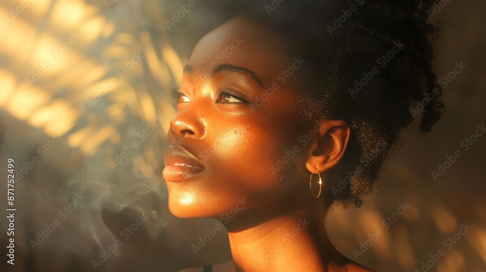 a black woman looking up with a ray of light shining down on her a black woman looking up with a ray of light shining down on her