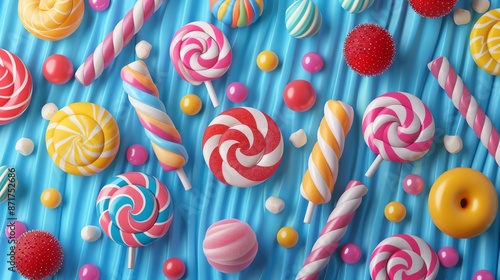 Simple and vibrant 3D game icon of colorful candies and lollipops arranged in a sweet and playful pattern