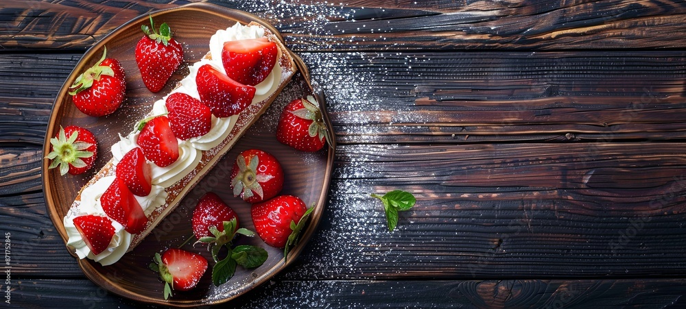 roll with strawberries and cream cheese on a dark wood background. space for text roll with strawberries and cream cheese on a dark wood background. space for text