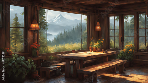 Rustic cabin interior with a view of mountains and a lake. photo