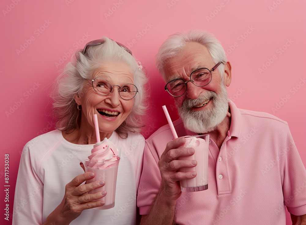 Happy senior couple over pink background holding cups with milk shake. Happy senior couple over pink background holding cups with milk shake.