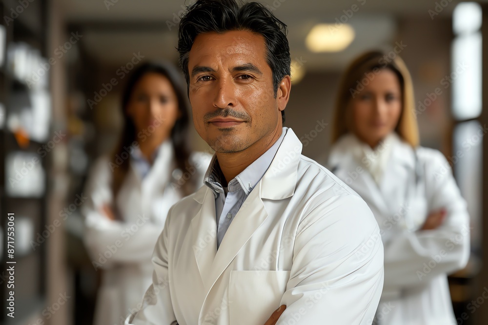 A Hispanic man in a white coat is in a team A Hispanic man in a white coat is in a team