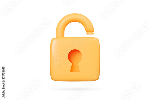 3D Yellow unlock padlock . Data protection and security concept. Open golden lock. Privacy and encryption. Cartoon creative design icon. 3D Vector illustration