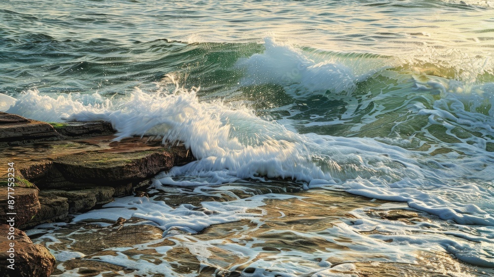 Obraz premium Vigorous waves cascading over rock shelf in early morning light