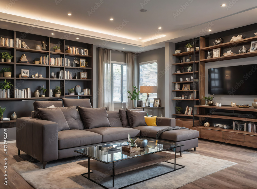 A contemporary living room with a sectional sofa, glass coffee table, and a media wall with built-in shelving for displaying art and decor. A contemporary living room with a sectional sofa, glass coffee table, and a media wall with built-in shelving for displaying art and decor.