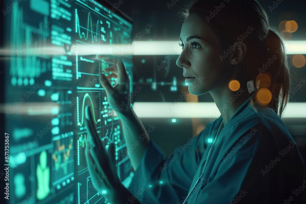A woman is looking at a computer screen with a lot of numbers and graphs A woman is looking at a computer screen with a lot of numbers and graphs
