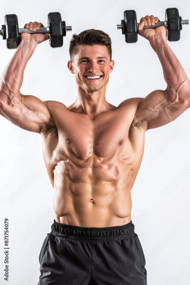 Fitness trainer demonstrating a shoulder press with dumbbells, wearing fitness attire, smiling confidently, Portrait half-body, hyper-realistic, high detail, photorealistic, white background, studio Fitness trainer demonstrating a shoulder press with dumbbells, wearing fitness attire, smiling confidently, Portrait half-body, hyper-realistic, high detail, photorealistic, white background, studio
