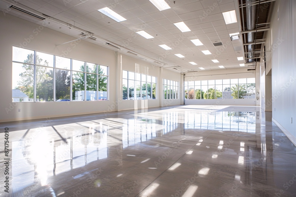 Large showroom characterized by its expansive, empty space and high ceilings, bathed in soft, natural lighting Large showroom characterized by its expansive, empty space and high ceilings, bathed in soft, natural lighting