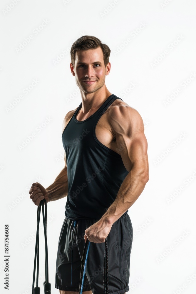 Fitness trainer holding a jump rope, wearing fitness attire, smiling and ready for a workout, Portrait half-body, hyper-realistic, high detail, photorealistic, white background, studio lighting, Key Fitness trainer holding a jump rope, wearing fitness attire, smiling and ready for a workout, Portrait half-body, hyper-realistic, high detail, photorealistic, white background, studio lighting, Key