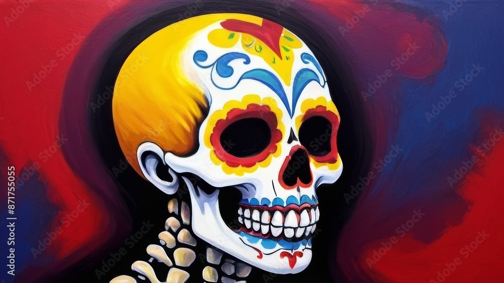 Colorful sugar skull painting on red and blue background. Colorful sugar skull painting on red and blue background.