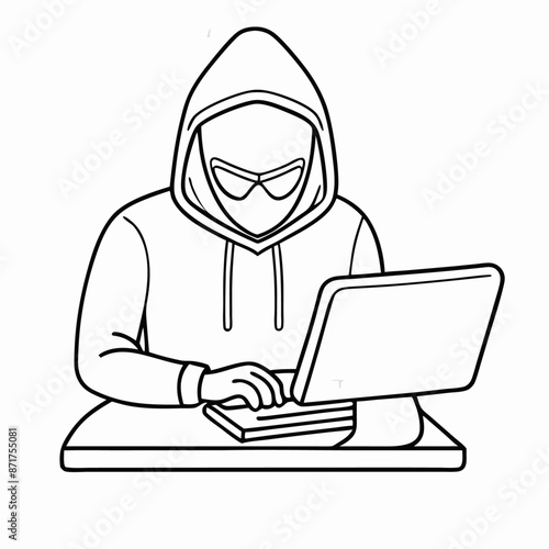 single line drawing of a computer hacker stereotype in a line art vector illustration (1)