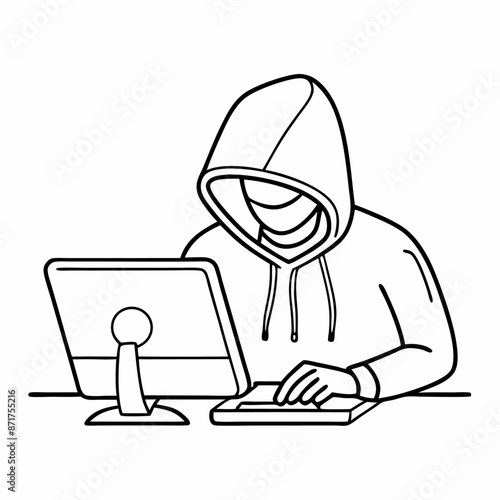 single line drawing of a computer hacker stereotype in a line art vector illustration (6)