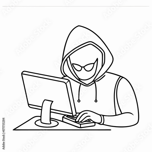 single line drawing of a computer hacker stereotype in a line art vector illustration (10)