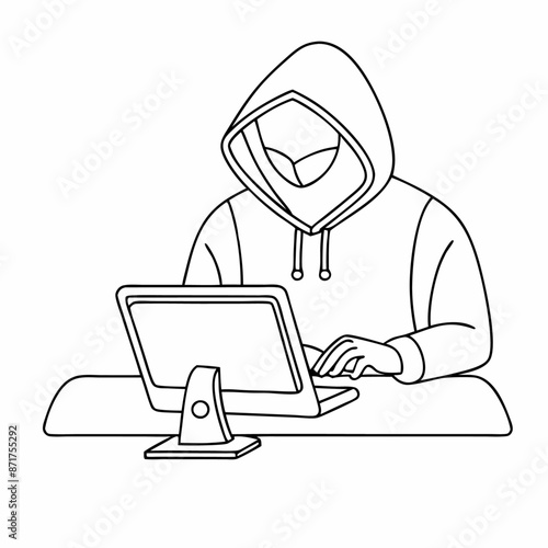 single line drawing of a computer hacker stereotype in a line art vector illustration (11)