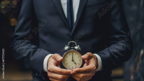 Businessman Holding Clock, Concept of Time Management, Time Management in Business, Businessman with Clock, Effective Time Control, Businessman Demonstrating Time Management photo