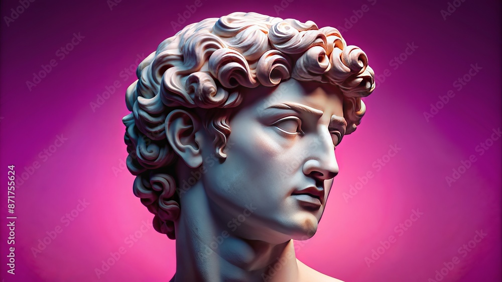 Majestic marble sculpture of iconic male head with serene expression isolated on vibrant pink background in stunning high definition. Majestic marble sculpture of iconic male head with serene expression isolated on vibrant pink background in stunning high definition.