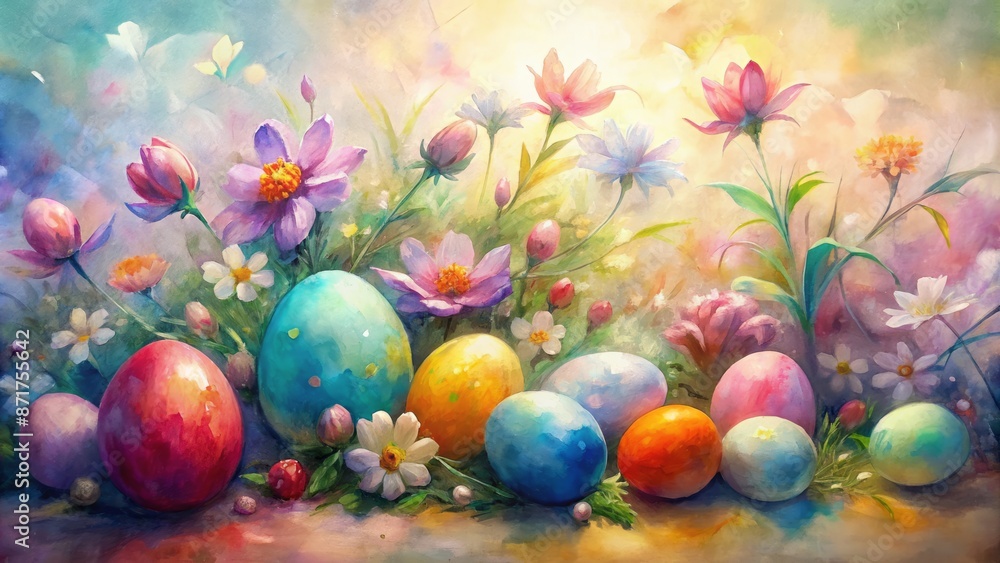 Vibrant colorful Easter eggs and lush spring flowers arranged on a soft pastel background with gentle sunlight and subtle textures. Vibrant colorful Easter eggs and lush spring flowers arranged on a soft pastel background with gentle sunlight and subtle textures.