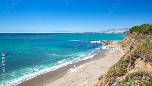 the ocean view point of Piedras Blancas State Marine Reserve, blue sea, beach, Highway 1