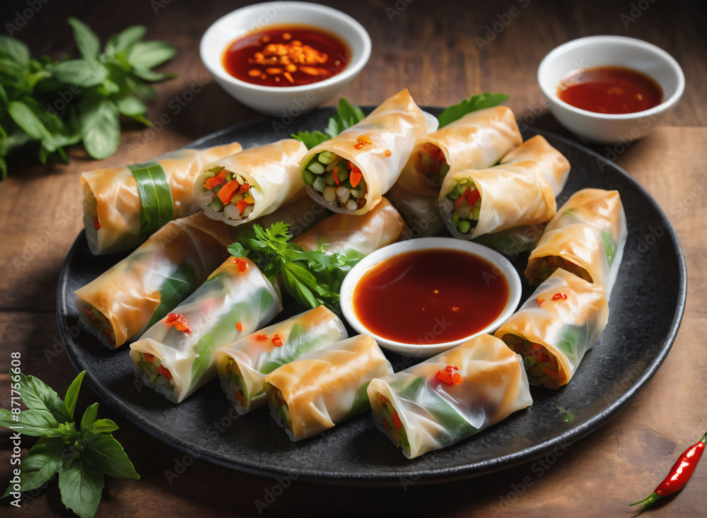 A platter of vegetable spring rolls served with a sweet chili dipping sauce. A platter of vegetable spring rolls served with a sweet chili dipping sauce.