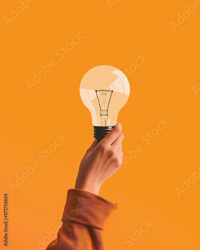 A woman's hand holding a light bulb against an orange background. A creative inspiration or innovation concept. Bright idea symbol.