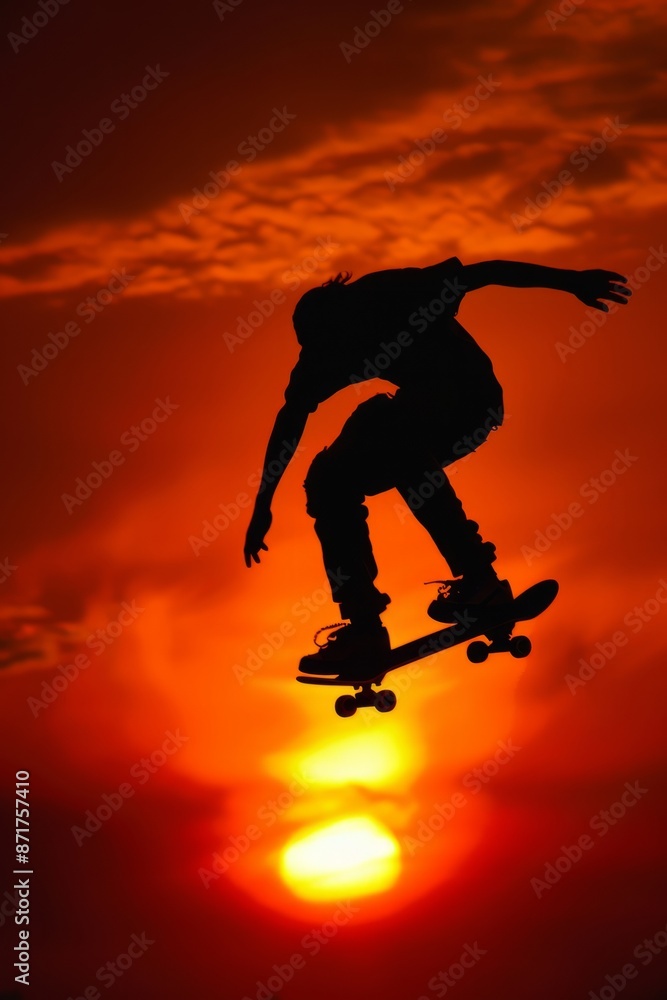 Skater make trick kick flip against the beautiful orange sunset Skater make trick kick flip against the beautiful orange sunset