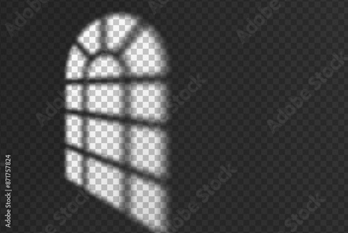 Light effect shadow overlay from arched window isolated transparent background.
