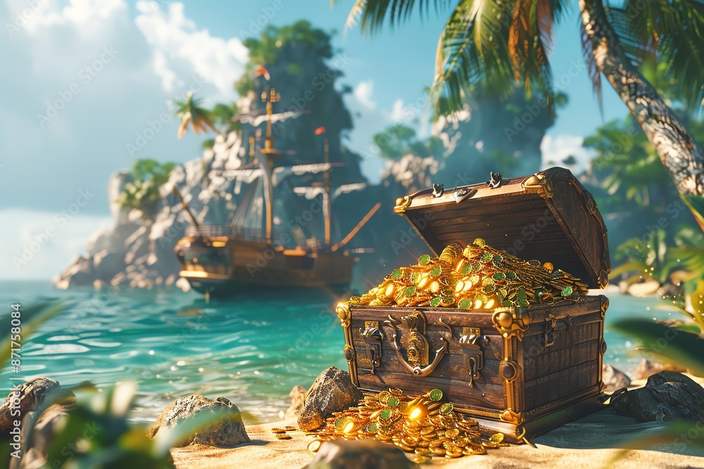 Fototapeta premium 3D render of a pirate ship and treasure chest emitting golden coins, on a desert island, shipwreck in the background, adventure quest concept