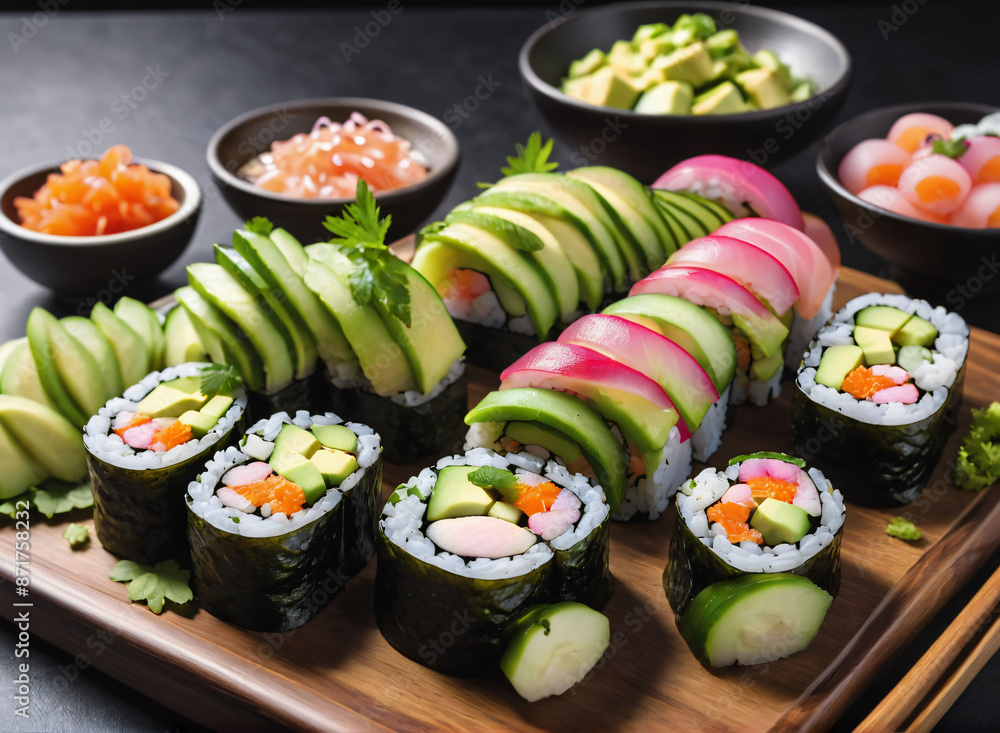 A platter of vegetable sushi rolls with avocado, cucumber, and pickled radish. A platter of vegetable sushi rolls with avocado, cucumber, and pickled radish.