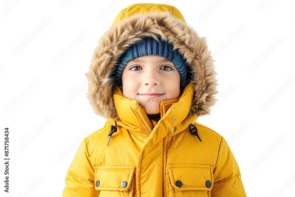 Child In Coat. Stylish Yellow Winter Jacket for Children, Isolated on White Background Child In Coat. Stylish Yellow Winter Jacket for Children, Isolated on White Background