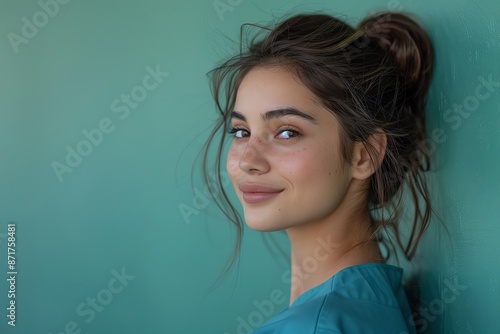 Profile view of a 30yearold Hispanic nurse in scrubs photo