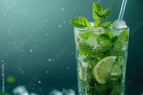A sparkling iced mojito cocktail with mint leaves and lime wedges, served in a chilled glass against a deep turquoise background, with ice cubes clinking