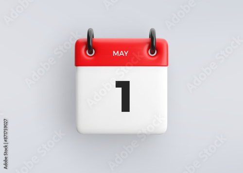 3D calendar icon with date 1 May on grey background. Vector schedule symbol.