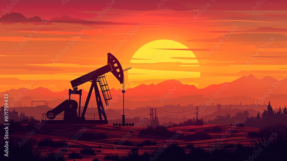 Oil pump jack in a desert with a rising sun, symbolizing the energy market Oil pump jack in a desert with a rising sun, symbolizing the energy market
