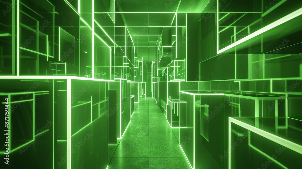 Obraz premium Neon Green Geometric Corridor - An abstract corridor with neon green lights creating a geometric pattern. The corridor is full of reflections and light creating a futuristic atmosphere. - An abstract 