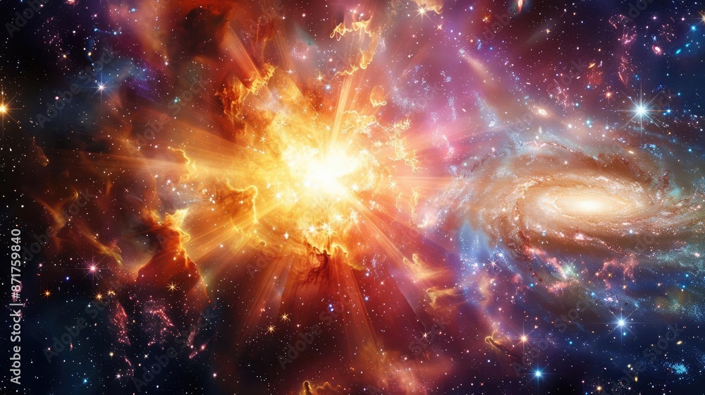 Fototapeta premium wide angle Stunning science image of star big bang phonomenon aginst colorful galaxy. astronomy scientific look and feel like in national geography book.