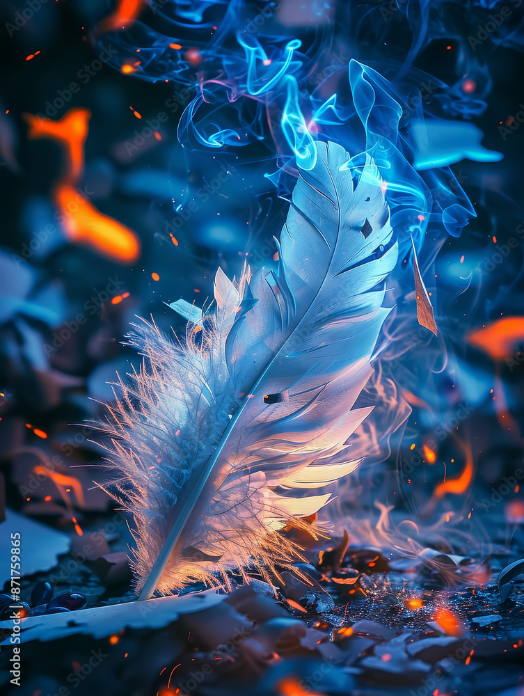 Naklejka premium Feather in Flames - A single white feather is engulfed in a fiery blue smoke, creating a captivating contrast and ethereal atmosphere. - A single white feather is engulfed in a fiery blue smoke, creat