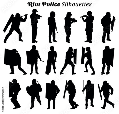 Collection of vector illustrations of riot police silhouettes
