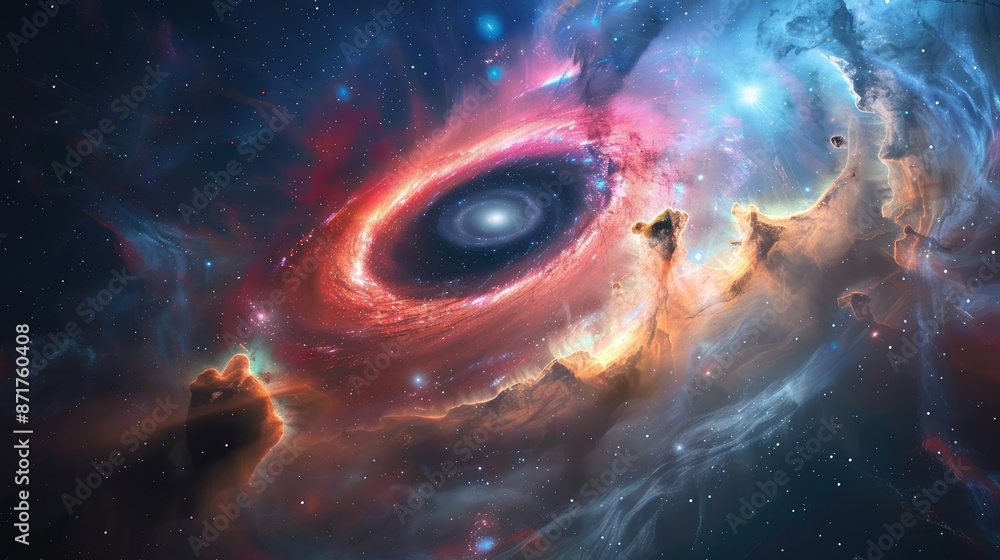 Fototapeta premium wide angle Stunning science image of Black Hole Accretion Disks aginst colorful galaxy. astronomy scientific look and feel like in national geography book.