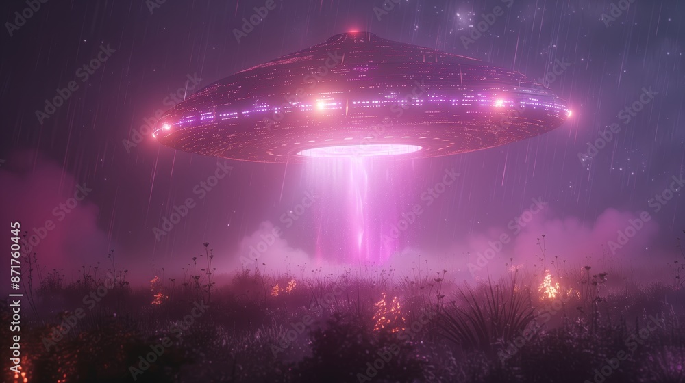 Fototapeta premium A Purple UFO Hovers Over a Foggy Forest at Night