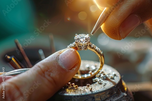 The jeweler is making a diamond ring