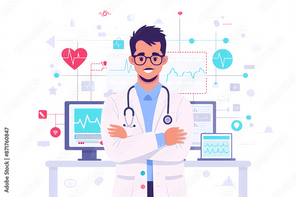Smiling doctor in white coat with stethoscope, standing with arms crossed in front of medical technology. Smiling doctor in white coat with stethoscope, standing with arms crossed in front of medical technology.