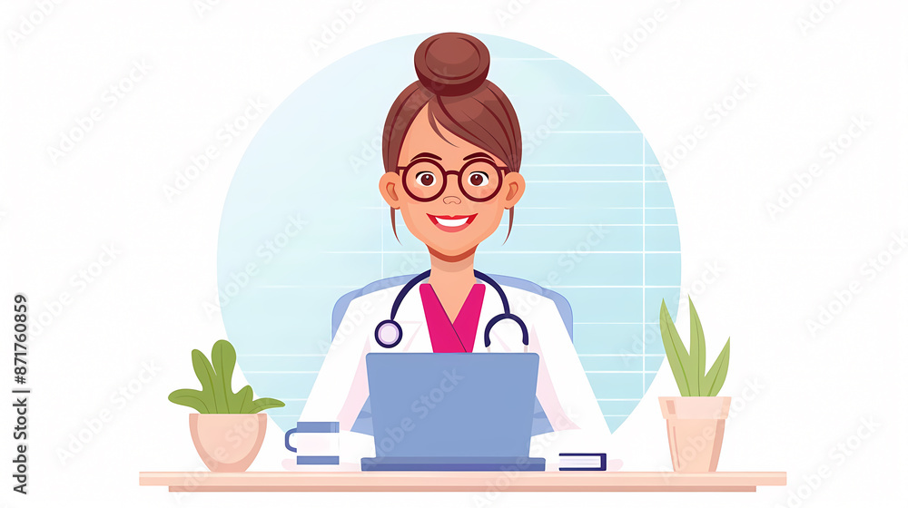Smiling female doctor in white coat sits at a desk with a laptop and plants. She is wearing glasses and a stethoscope. Smiling female doctor in white coat sits at a desk with a laptop and plants. She is wearing glasses and a stethoscope.