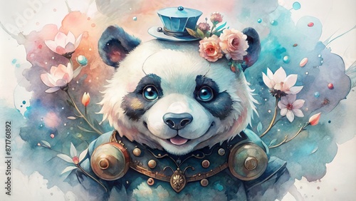 Panda in watercolor art. Pastel colors. splashes. white background. photo