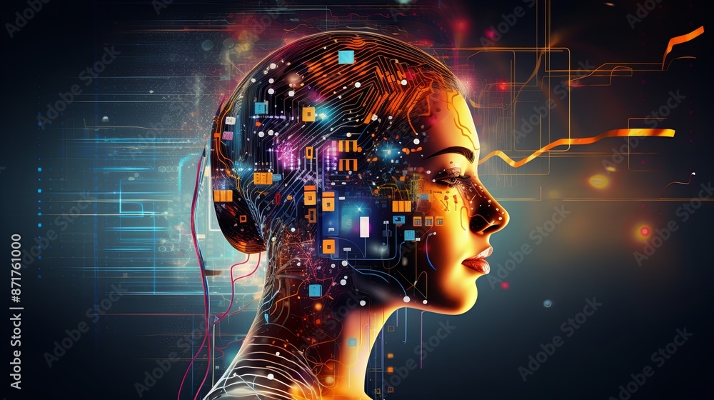 Abstract artwork of human head silhouette with circuit board design Abstract artwork of human head silhouette with circuit board design