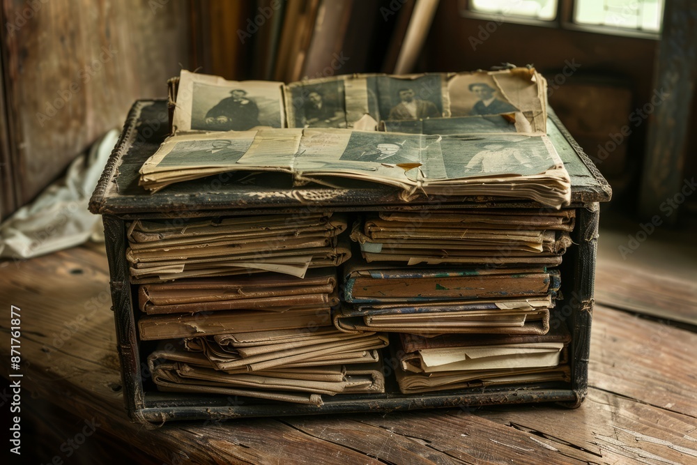 Obraz premium Old Book Covered in Vintage Photos