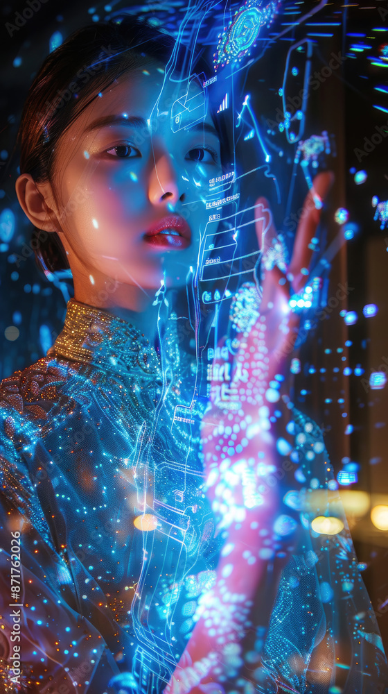 A woman in a gold-trimmed shirt interacts with a holographic display, her hand reaching out towards a glowing blue interface A woman in a gold-trimmed shirt interacts with a holographic display, her hand reaching out towards a glowing blue interface