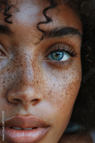Latin American female face with freckles, skin health care, vertical © Руслан Галиуллин