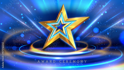 Golden star on a vibrant blue background with swirling lights, perfect for award ceremonies and celebratory events. Vector illustration.