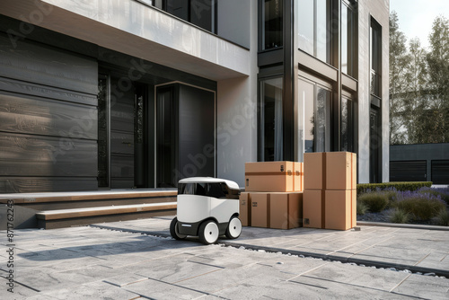 Autonomous delivery robot is delivering packages to a modern house, illustrating the future of logistics and home delivery