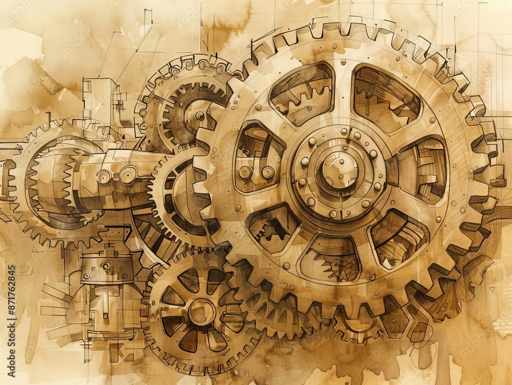 Naklejka premium Steampunk mechanical gears, sepia tones, sketch